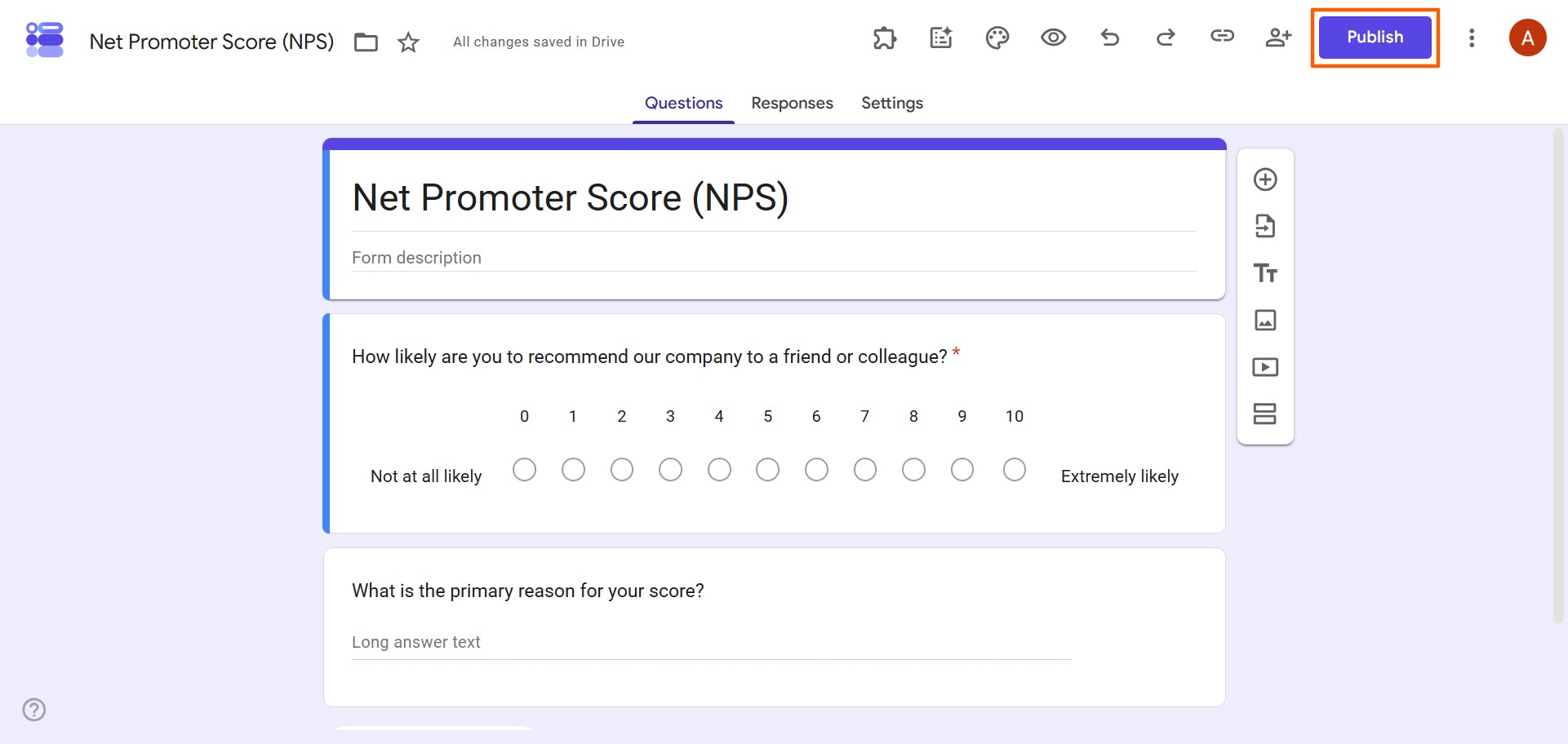 Google Forms interface with the "Publish" button in the top right highlighted