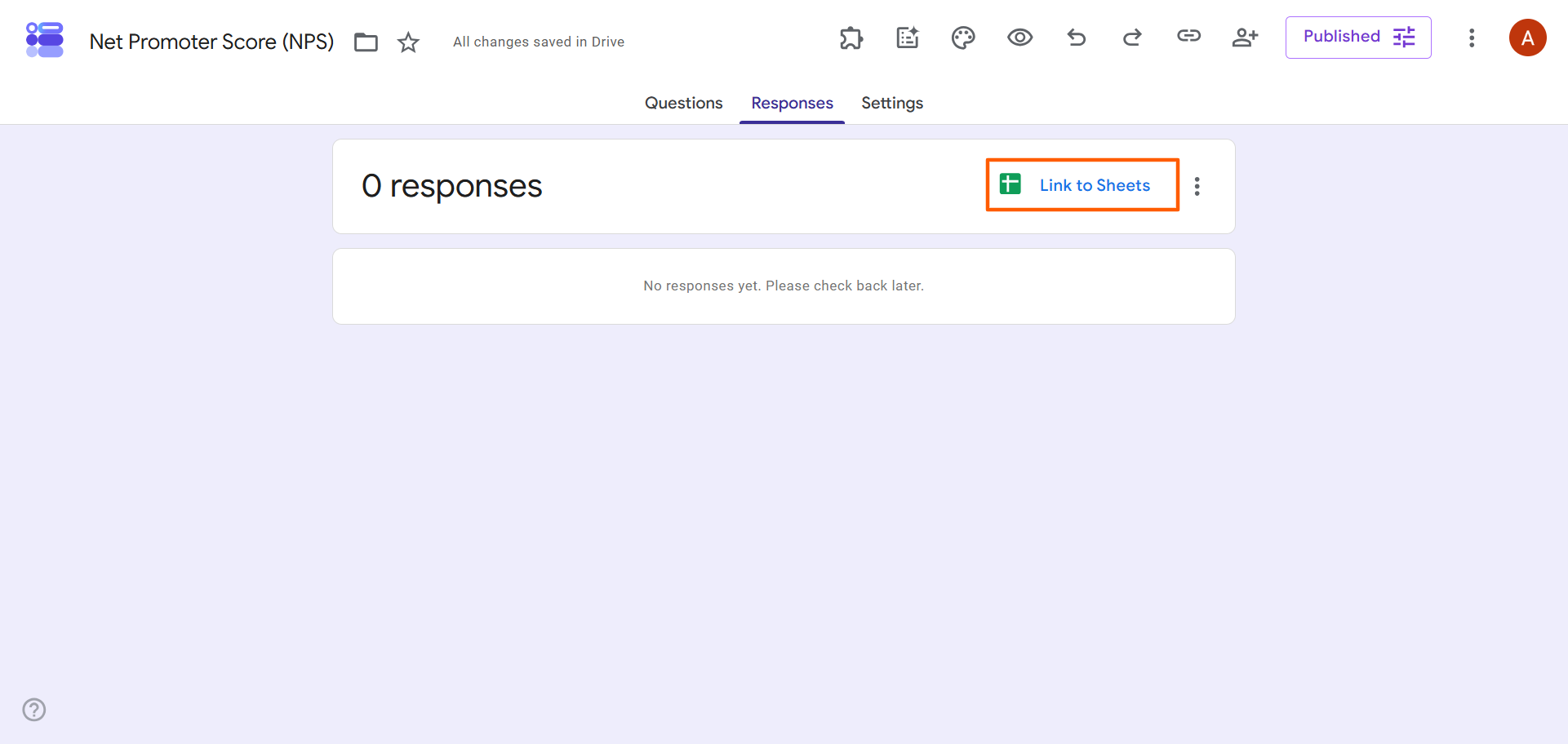 Google Forms interface with the "Link to Sheets" button highlighted in the "Responses" tab