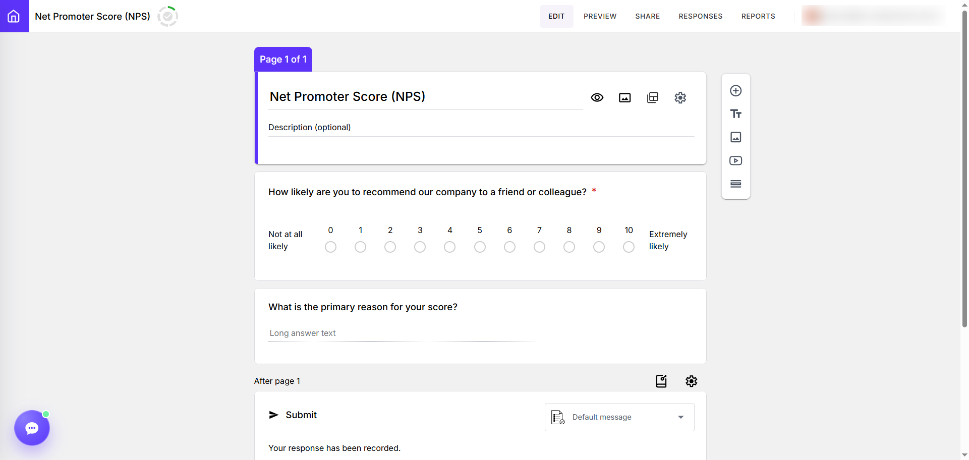 Formfacade interface showing a generated Net Promoter Score survey