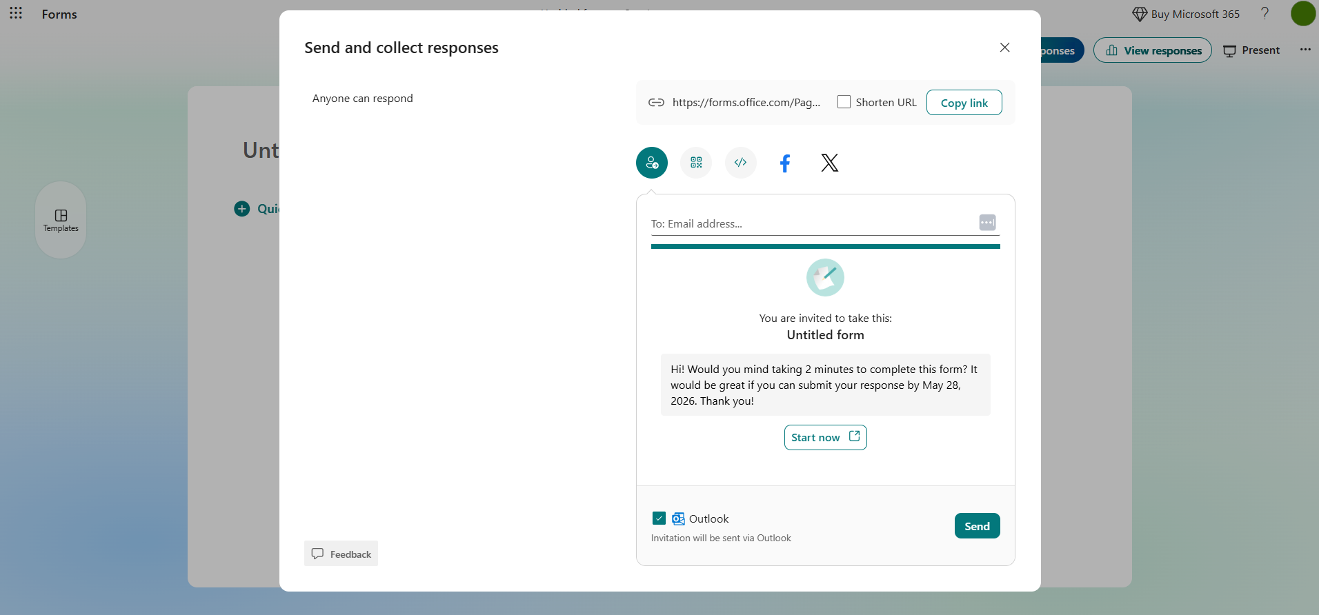 Microsoft Forms interface showing the "Send and collect responses" options