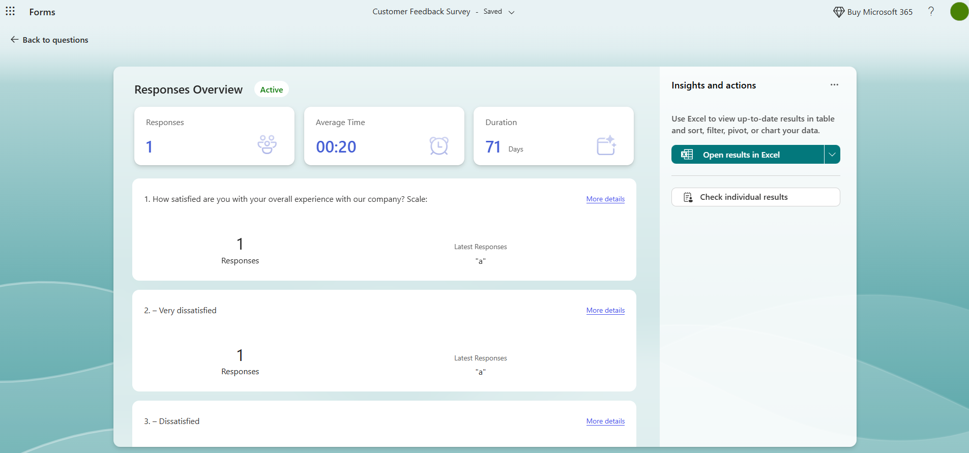 Microsoft Forms interface showing the "Responses Overview" screen and the "Open results in Excel" button