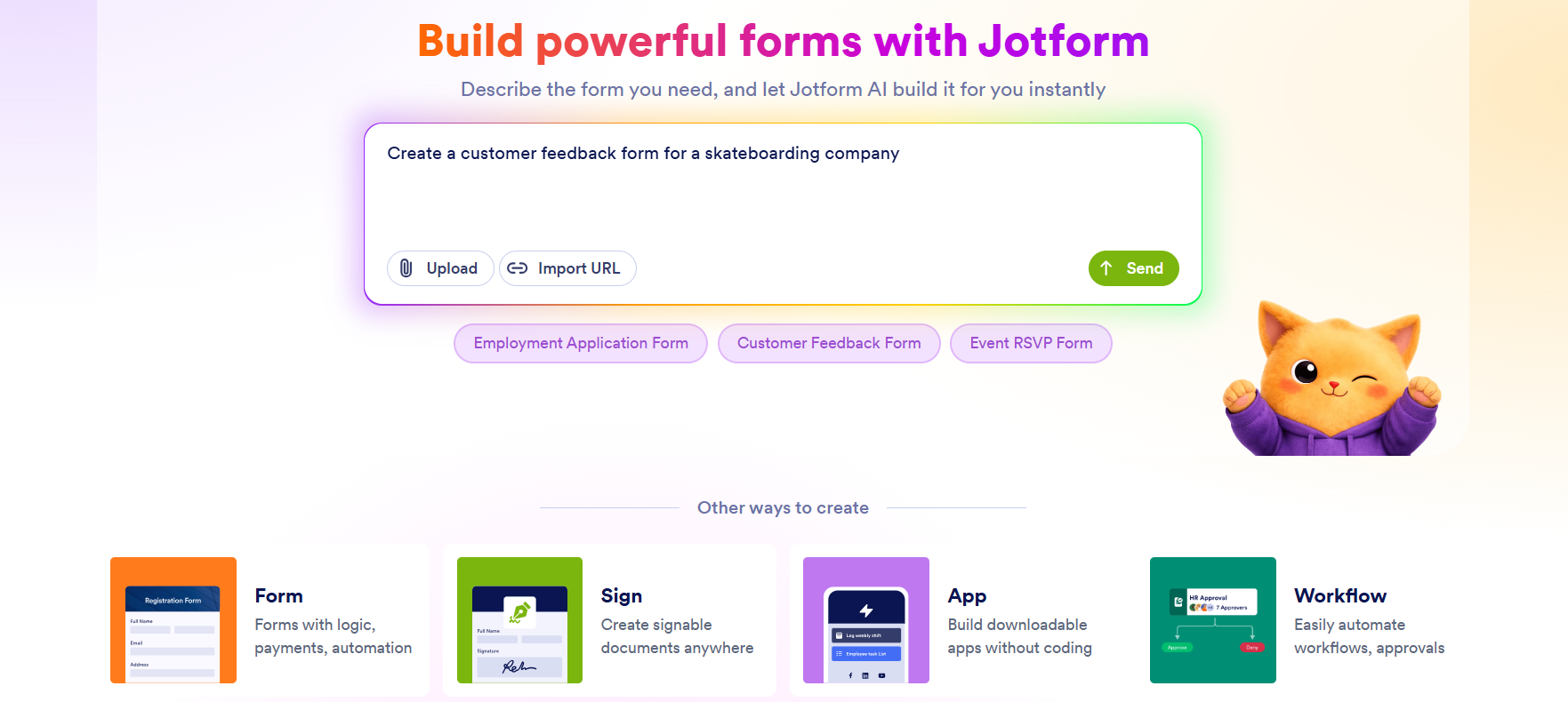 Jotform's Form Builder setup screen showing a user prompting Jotform's AI to create a form