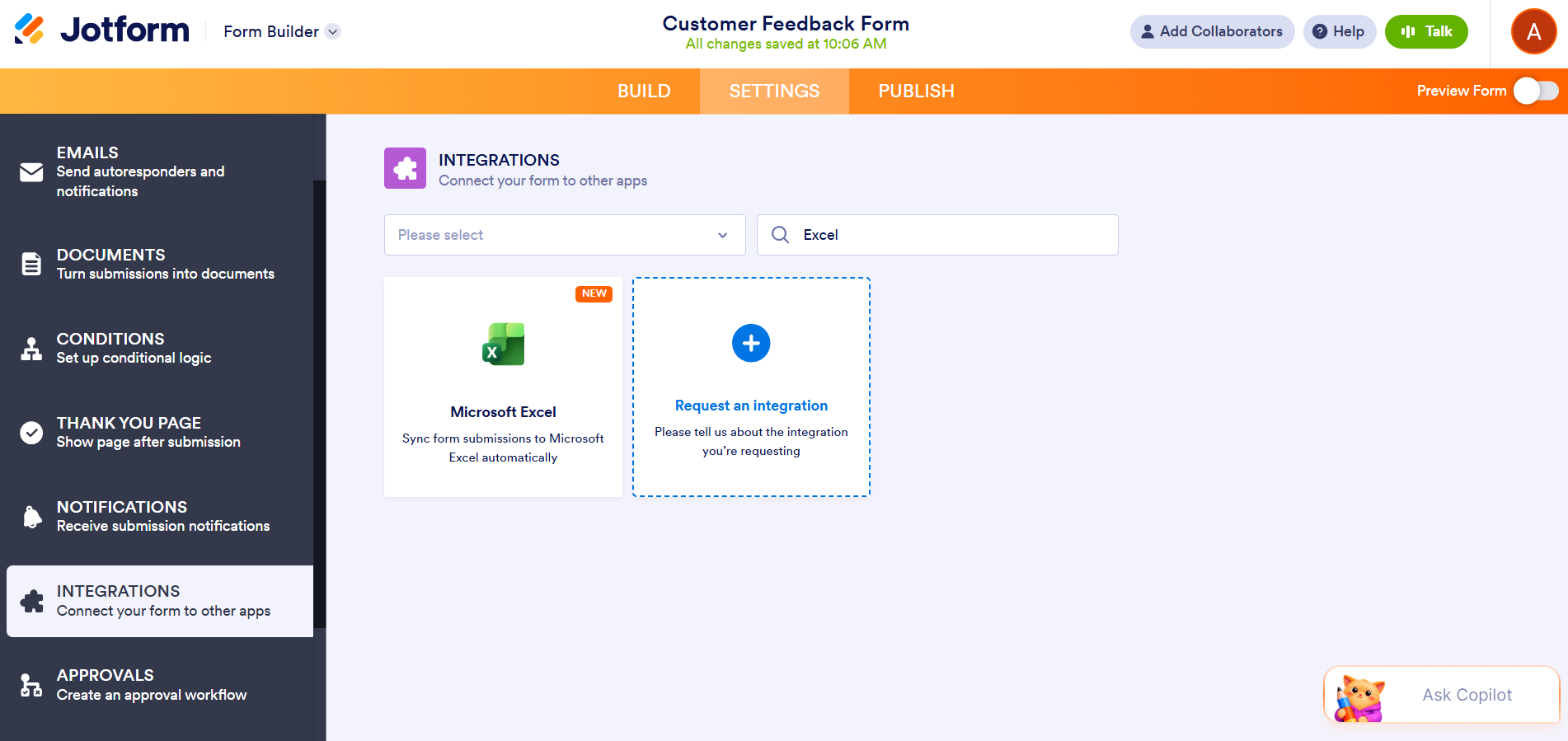 Jotform Form Builder interface showing the Integrations page of the Settings tab, with the Jotform-Microsoft Excel integration displayed