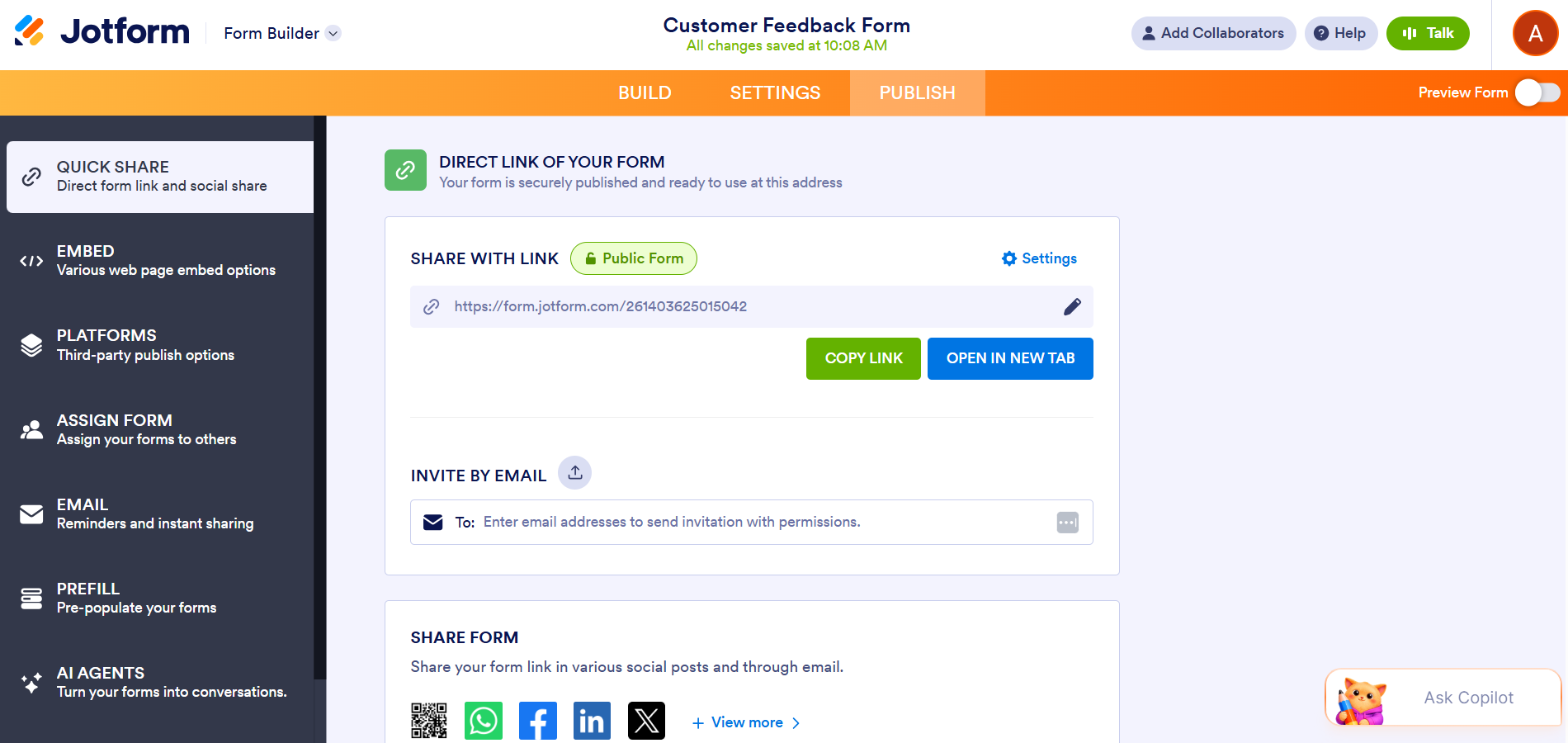 Jotform Form Builder interface showing the various form-sharing options in the Publish tab