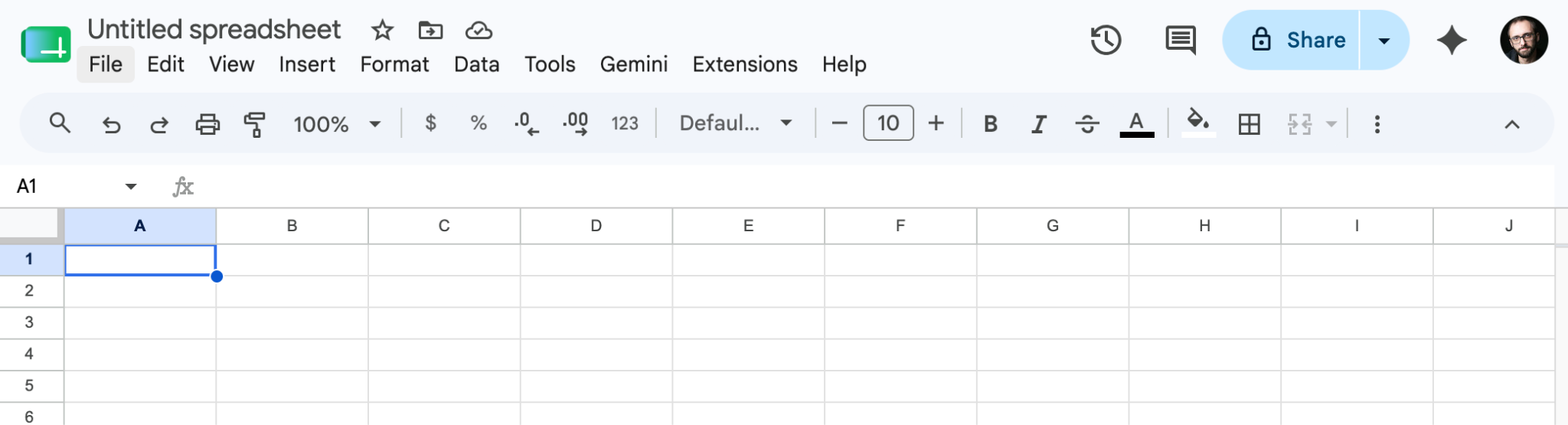 Screenshot of a blank Google Sheets spreadsheet with the toolbar and worksheet grid visible