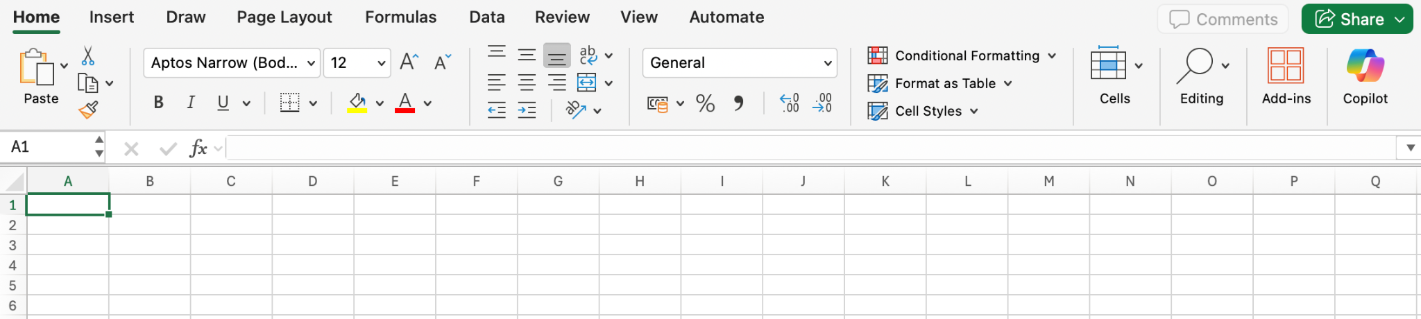 Screenshot of a blank Microsoft Excel spreadsheet with the ribbon menu and worksheet grid visible