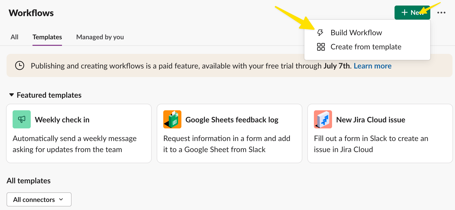 Slack Workflows page with the New menu expanded, showing Build Workflow and Create from template options