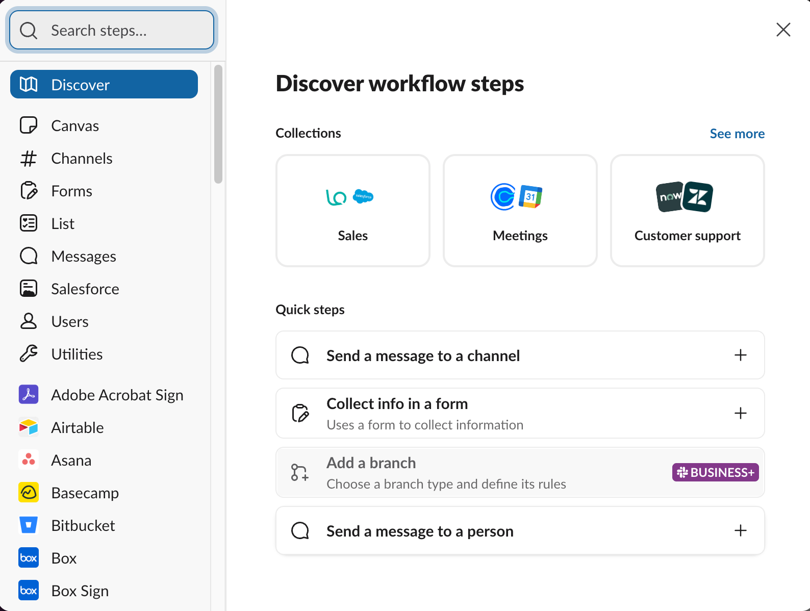 Slack workflow builder showing available workflow steps, including sending a message, collecting form responses, adding branches, and sending a person a message