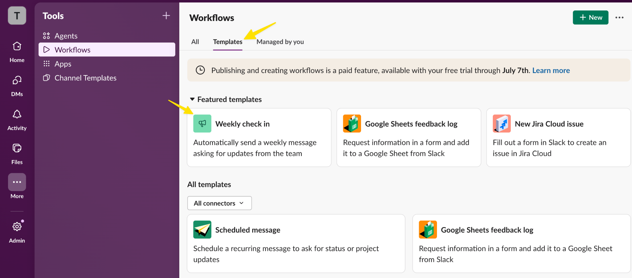 Slack Workflows page showing template options and the New button for creating a workflow