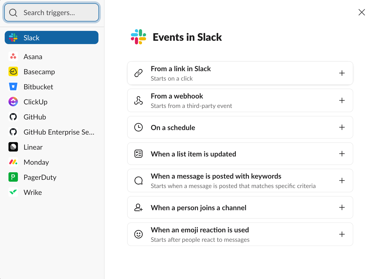 Slack workflow builder showing trigger options, including starting from a link, webhook, schedule, list update, keyword message, channel join, or emoji reaction