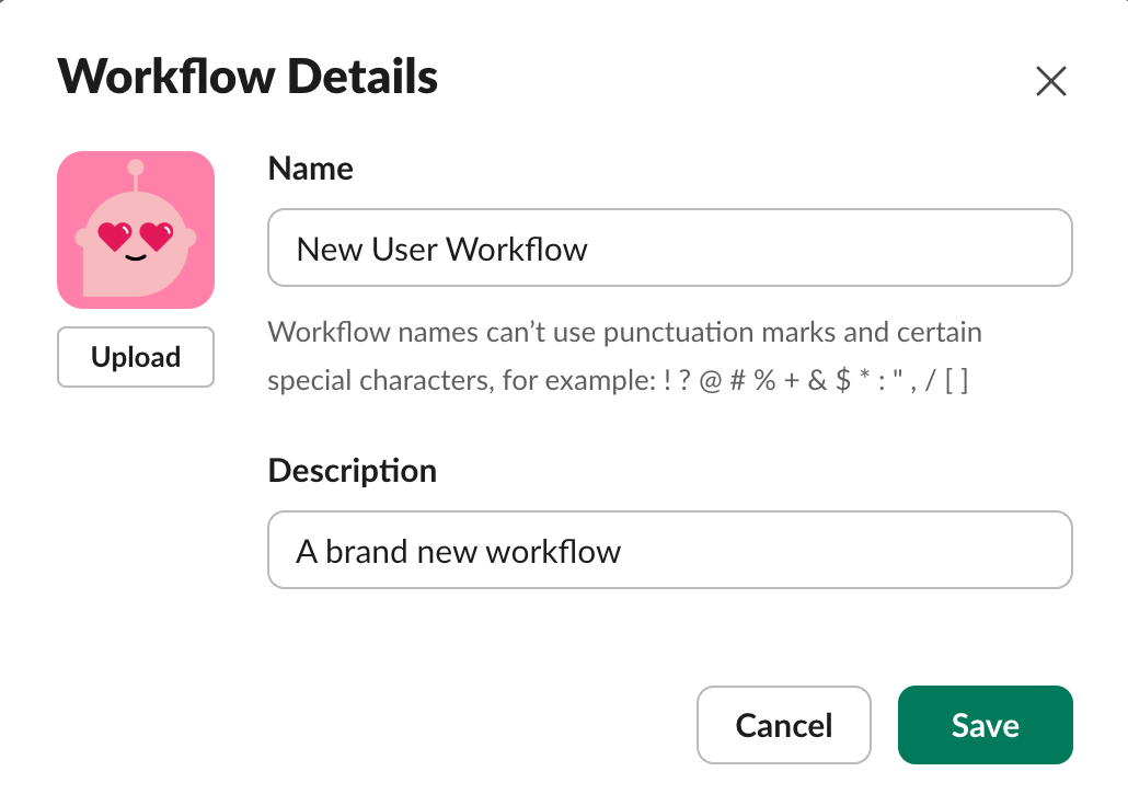 Slack Workflow Details screen showing fields for adding a workflow name, description, and icon