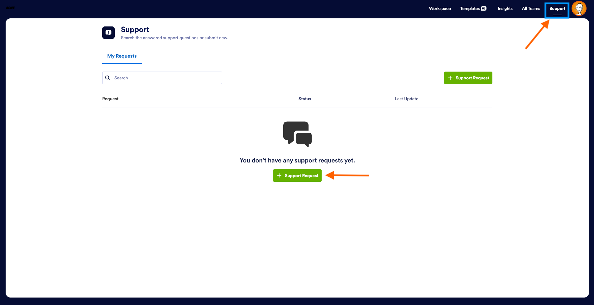 Clicking on the Support tab on the Admin Console