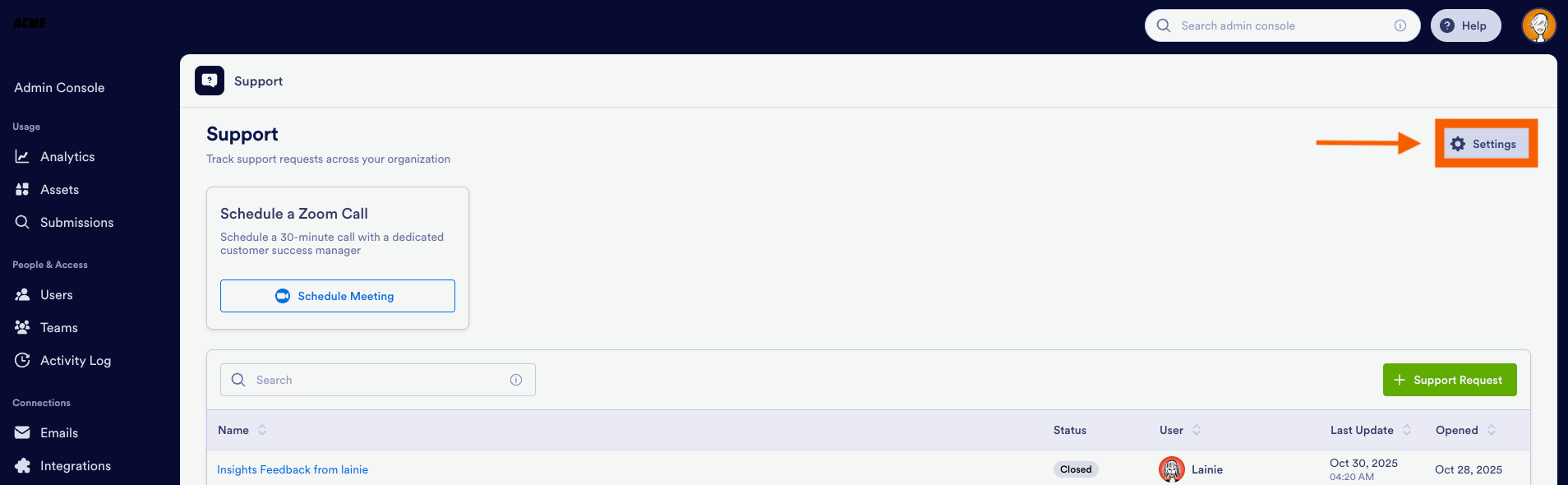 Clicking on the Settings button on the Support page