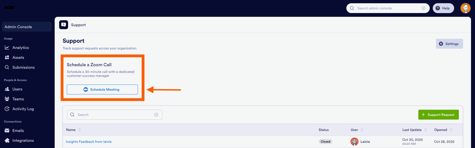 Clicking on the Schedule Meeting button on the Support page