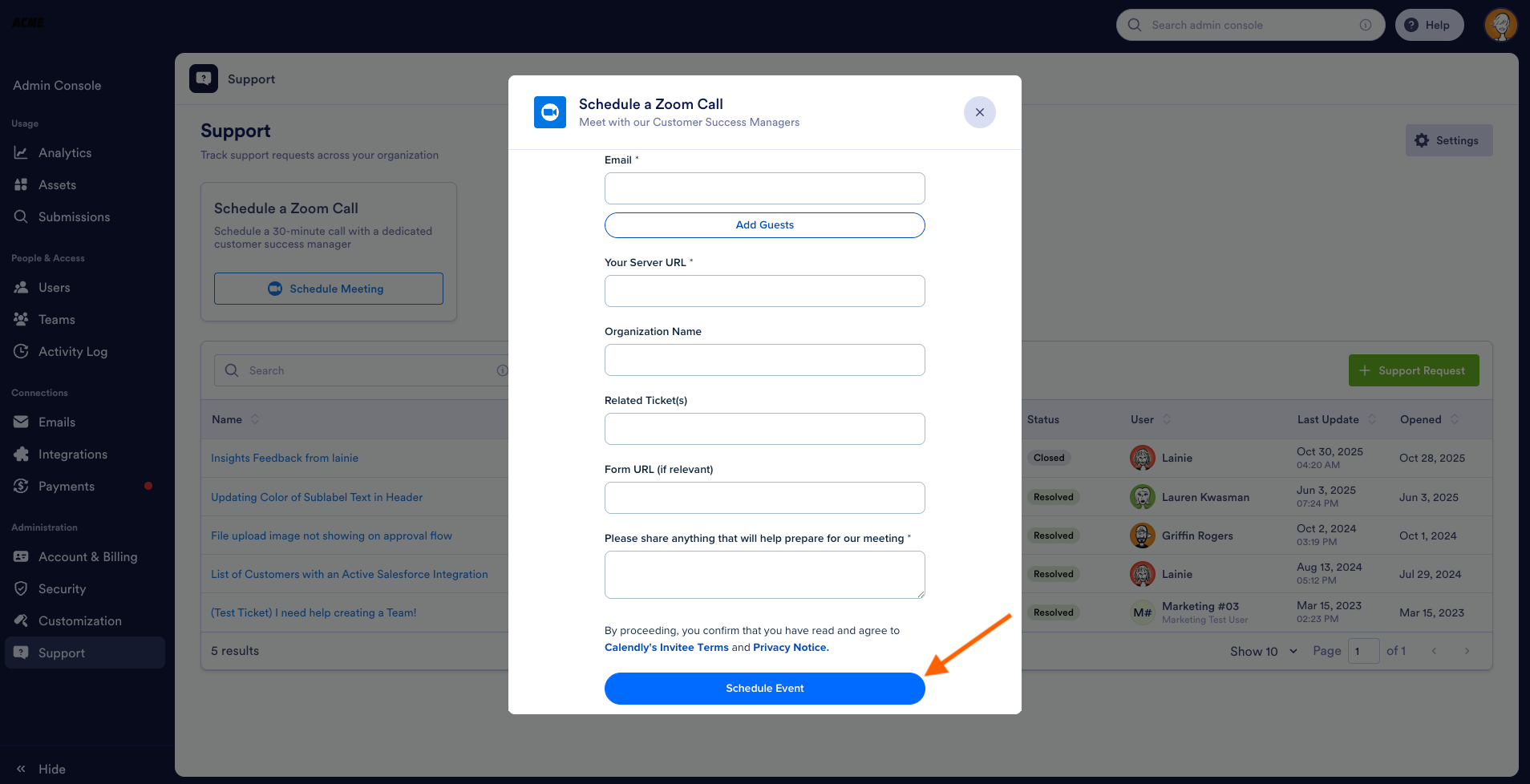 Clicking on the Schedule Event button on the Schedule a Zoom Call window