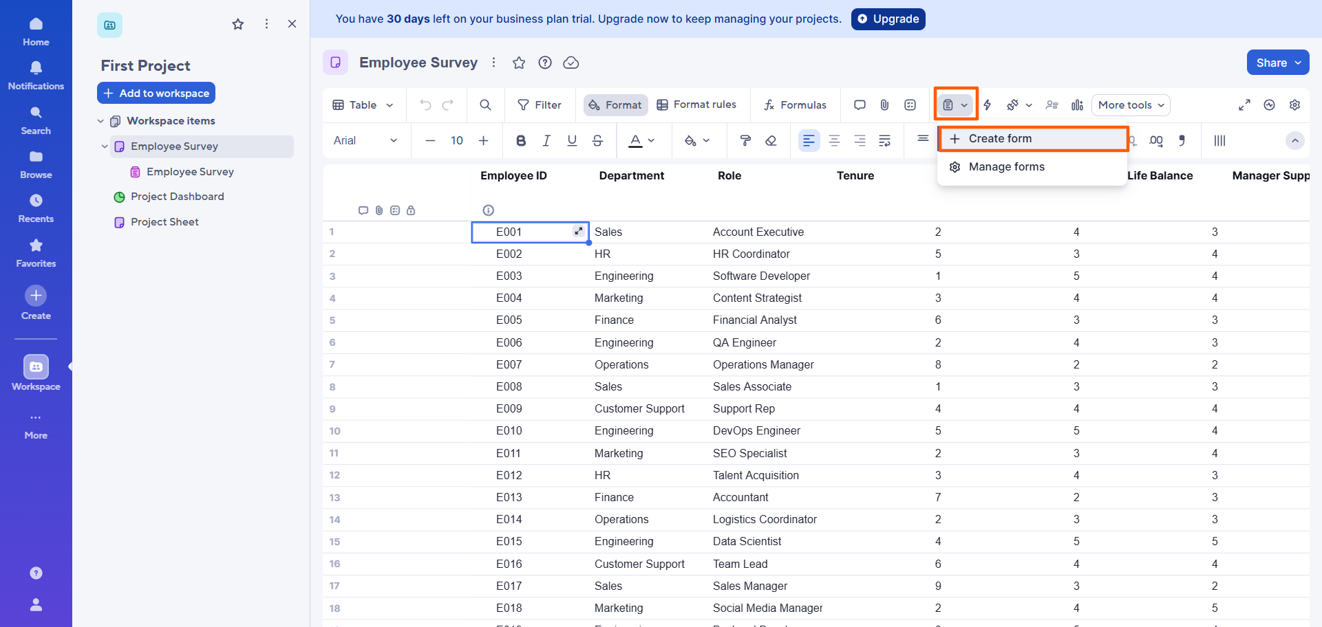 Smartsheet interface with the form icon and "Create form" option highlighted