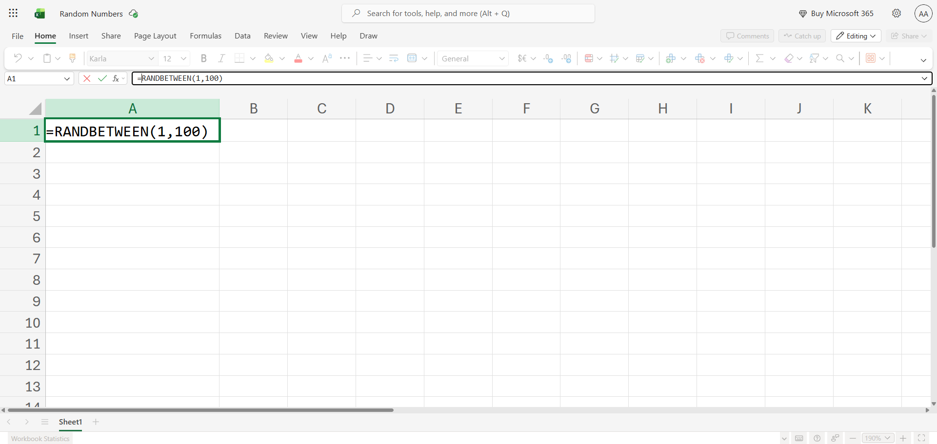 Excel formula bar showing the RANDBETWEEN function entered in cell A1