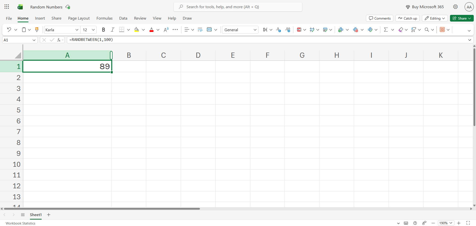 Excel spreadsheet showing a generated random number in cell A1