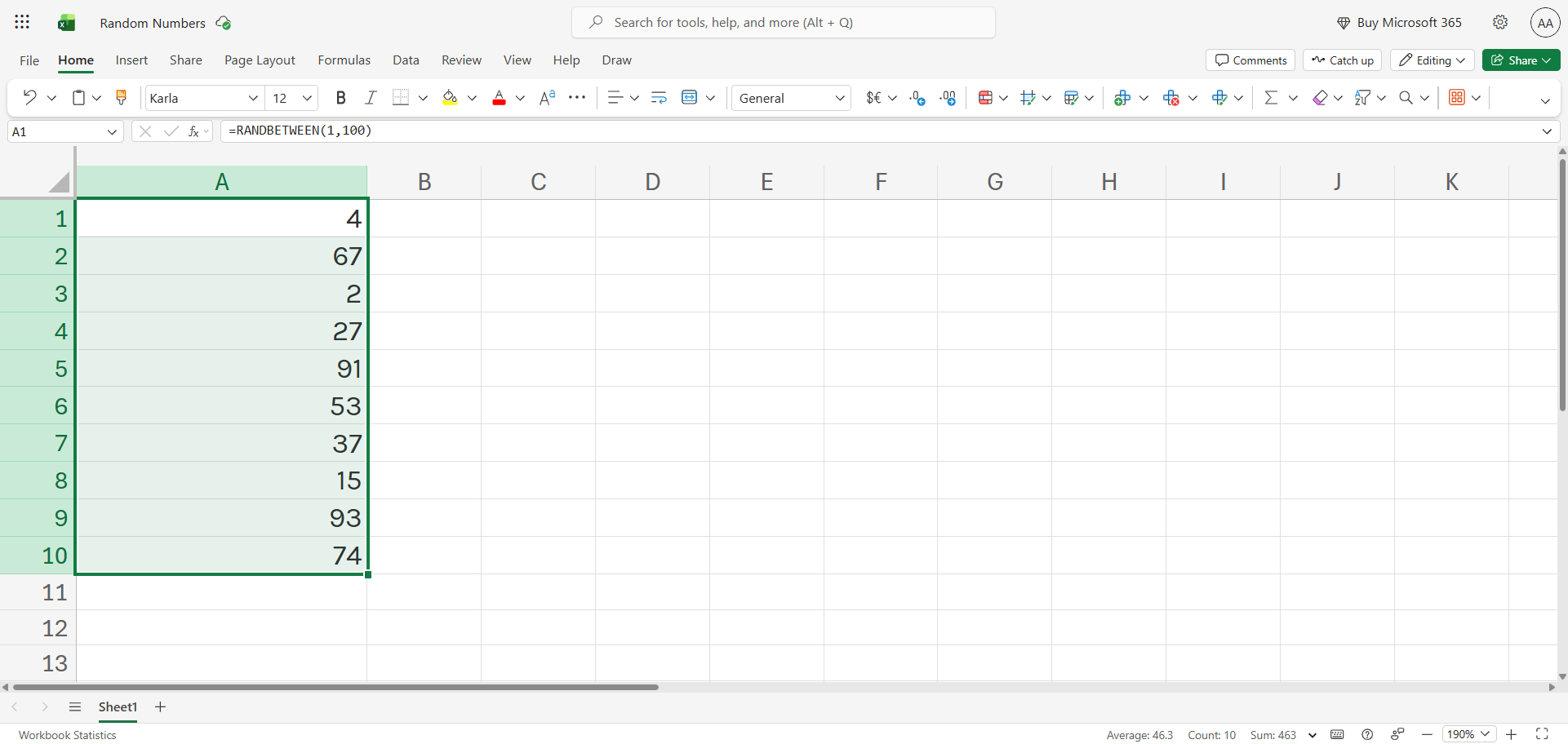 Excel spreadsheet showing random numbers copied down a column