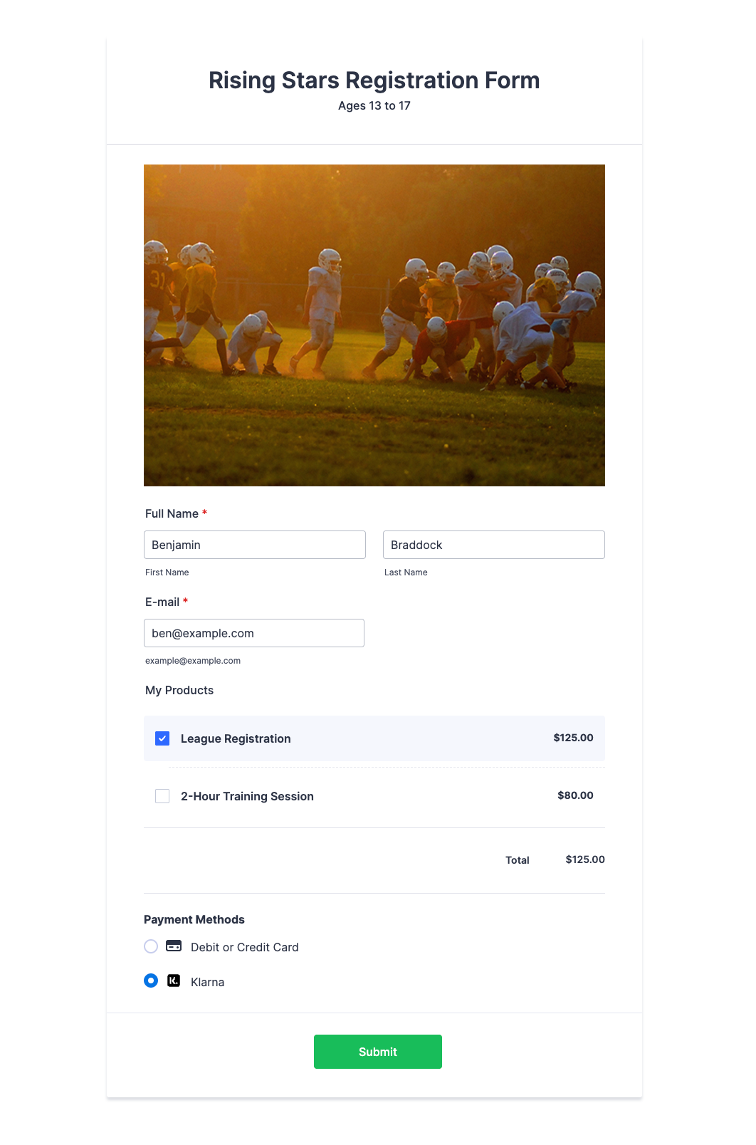 Viewing the Rising Starts Registration Form
