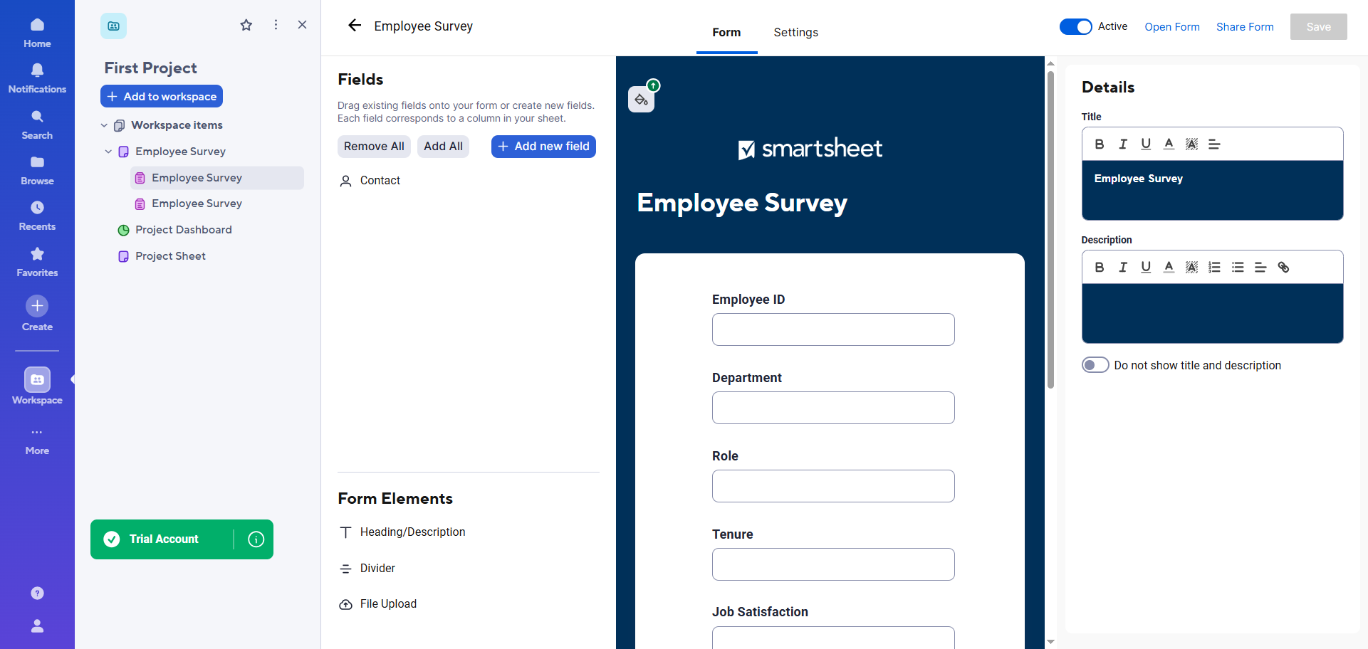Smartsheet interface showing a form in the form builder, with the option to add or remove fields and form elements