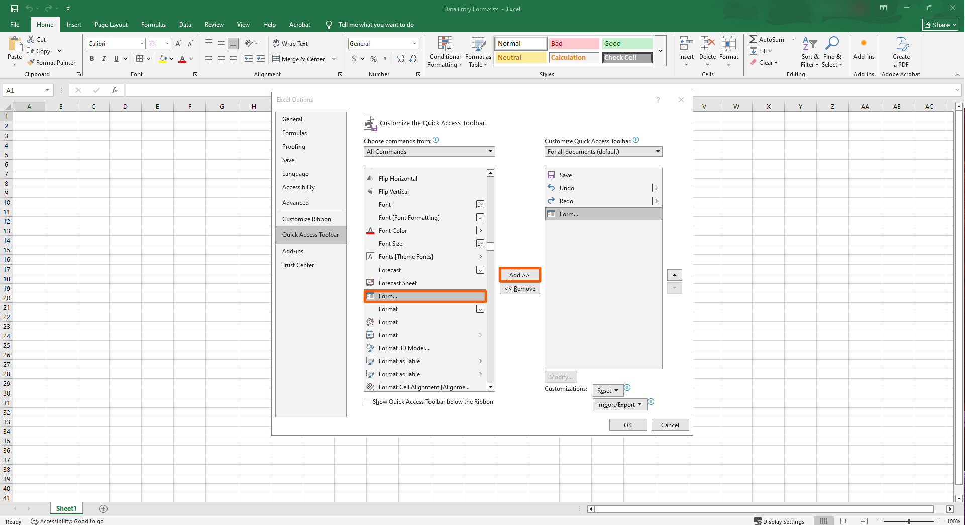 Microsoft Excel interface showing "Form" in the "All Commands" dropdown in the Quick Access Toolbar options popup