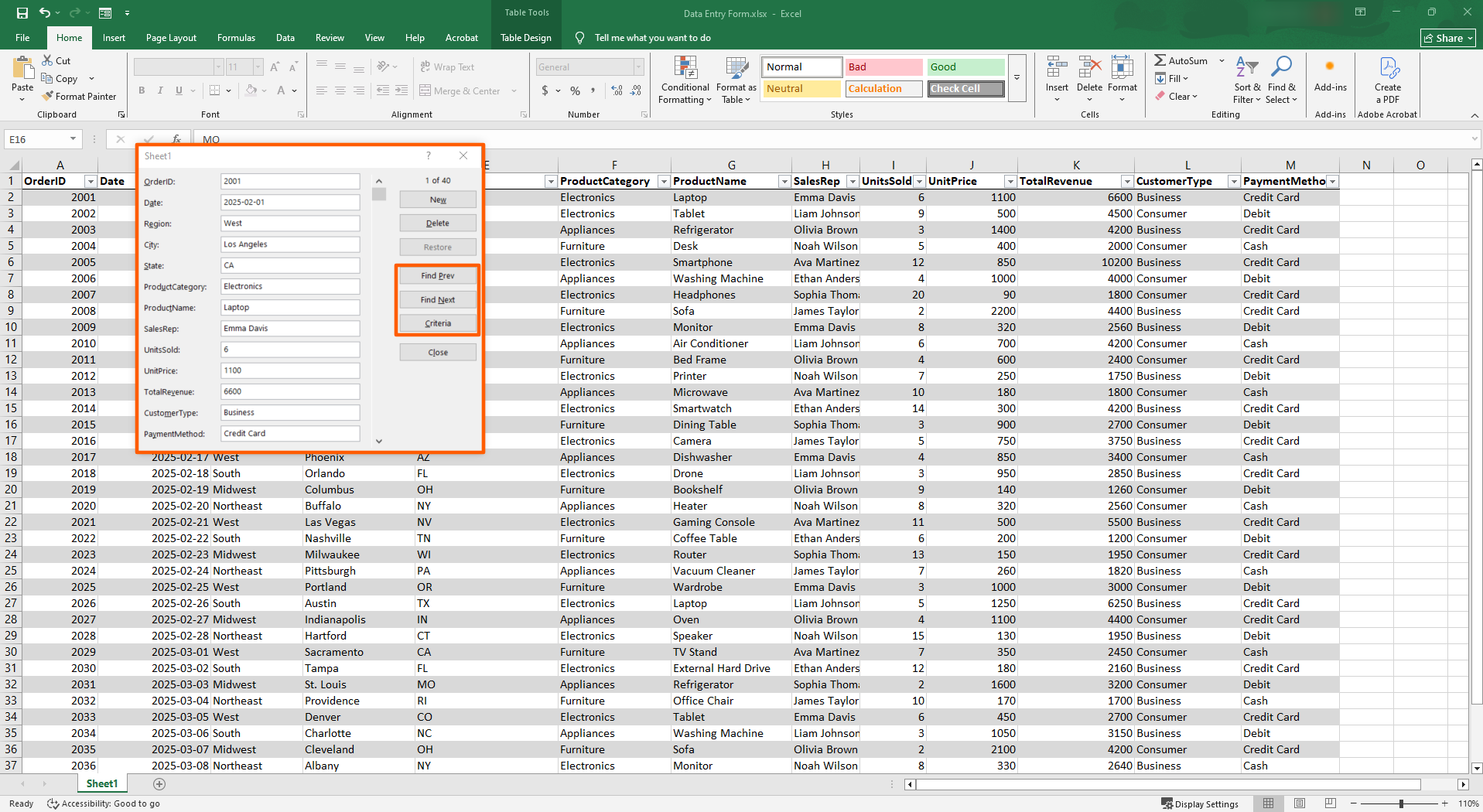 Microsoft Excel interface with the "Find Prev," "Find Next," and "Criteria" buttons highlighted in the data entry form dialog box