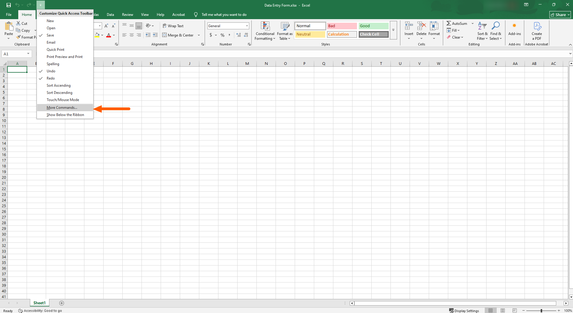 Microsoft Excel interface showing "More Commands" in the dropdown menu