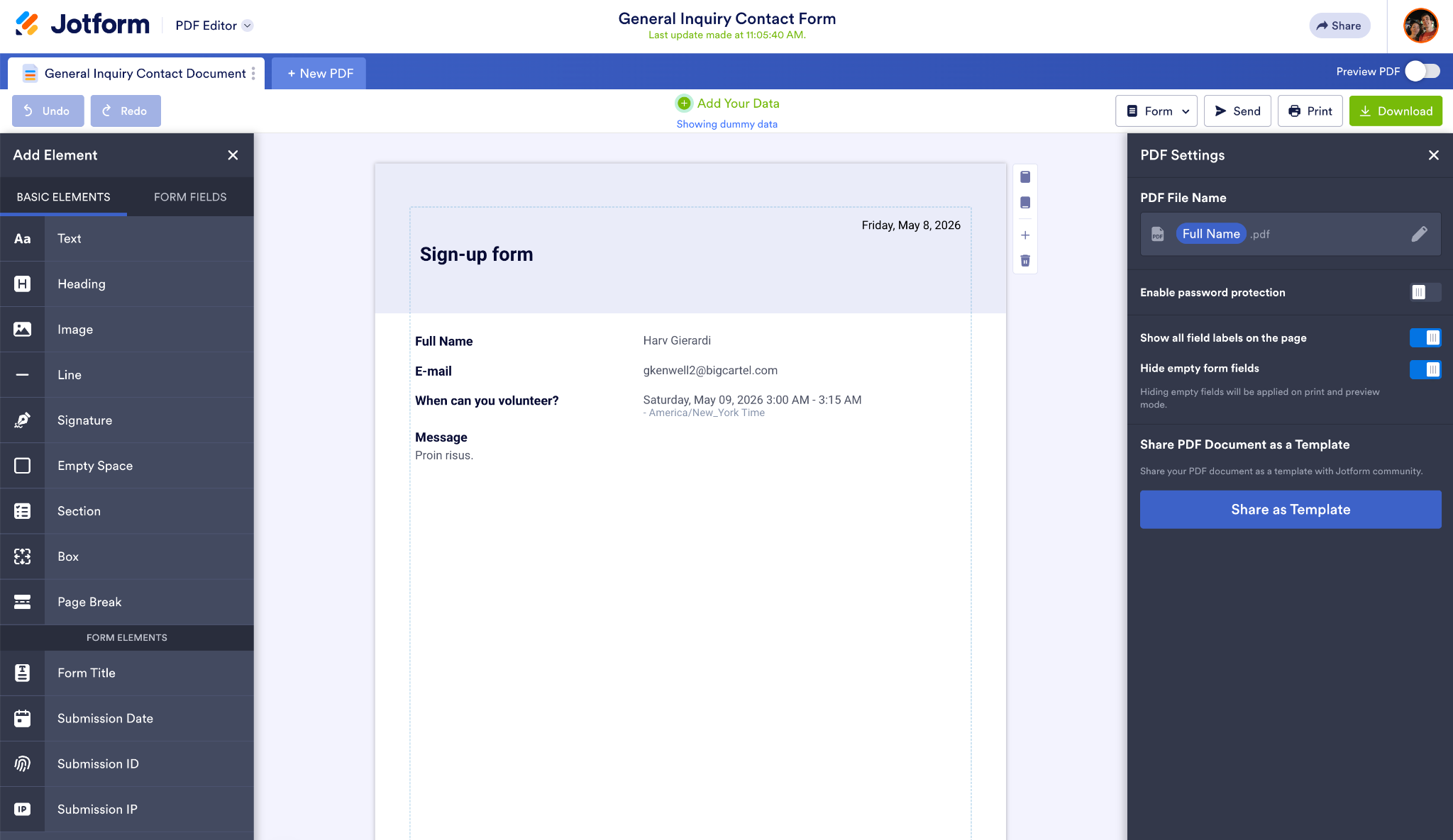 Jotform Report Builder showing a sign-up report with sharing and export options