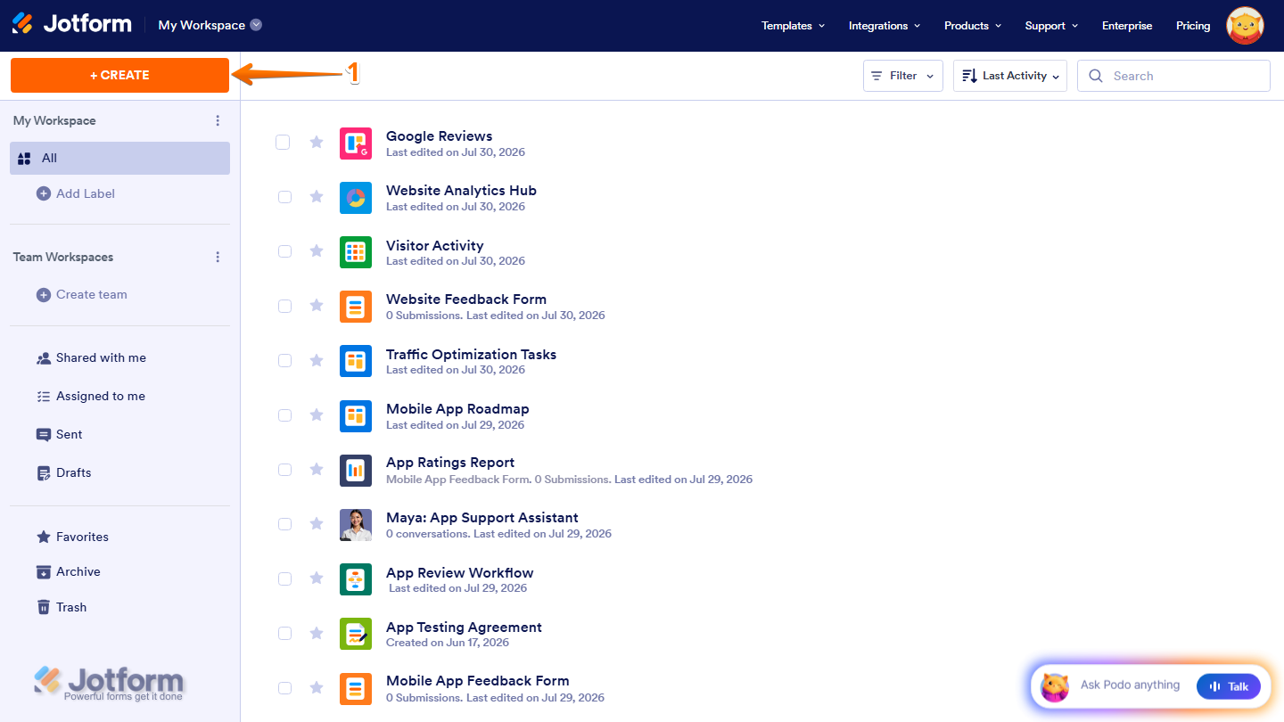 Jotform Workspace with the Create button highlighted in the top-left corner, used to create a new website widget