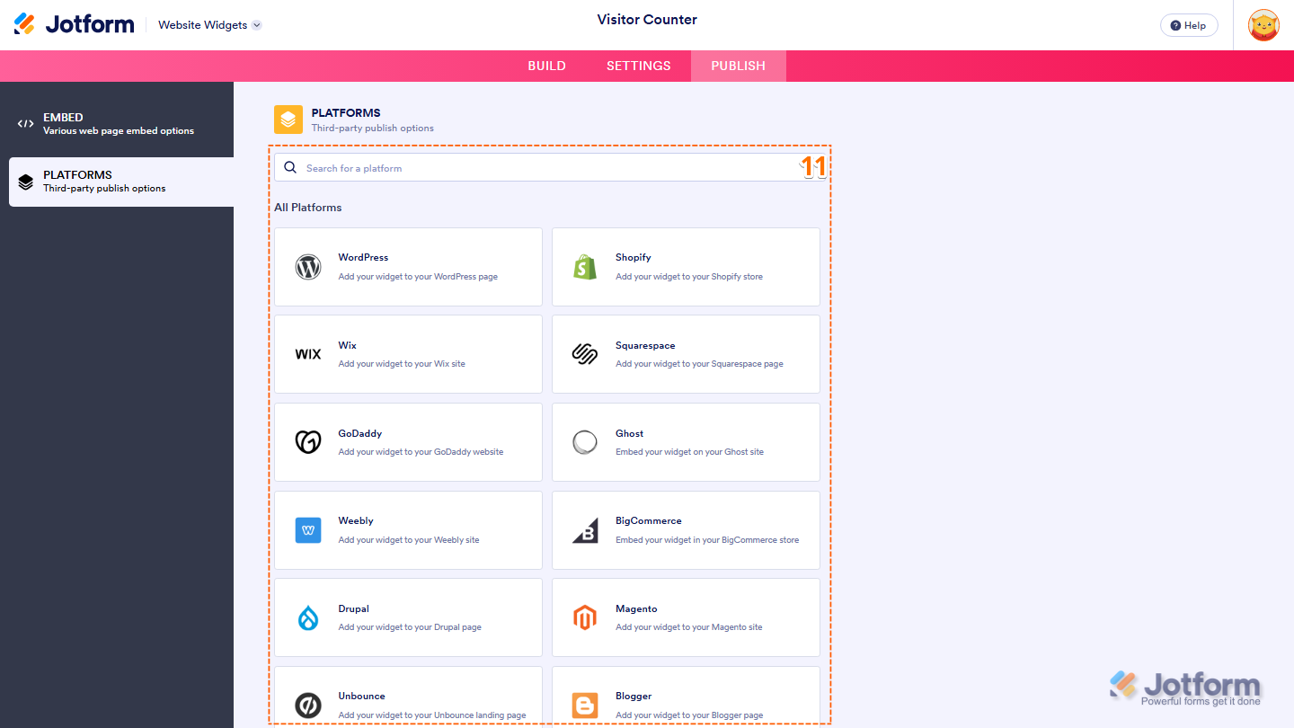 Jotform Embed page displaying the Platforms section with a list of supported website platforms and a Search bar for finding platform-specific embedding instructions for the Visitor Counter widget