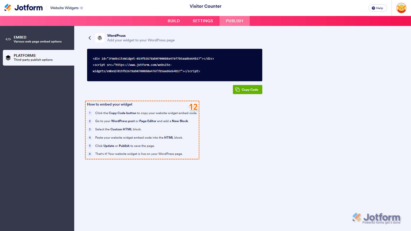 Jotform Embed page displaying the How to Embed Your Widget section with instructions for adding the Visitor Counter widget to a supported website platform