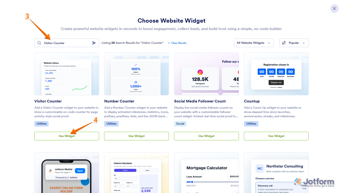 Jotform Choose Website Widget window with Visitor Counter entered in the search bar and the Use Widget button visible on the Visitor Counter widget card in the search results