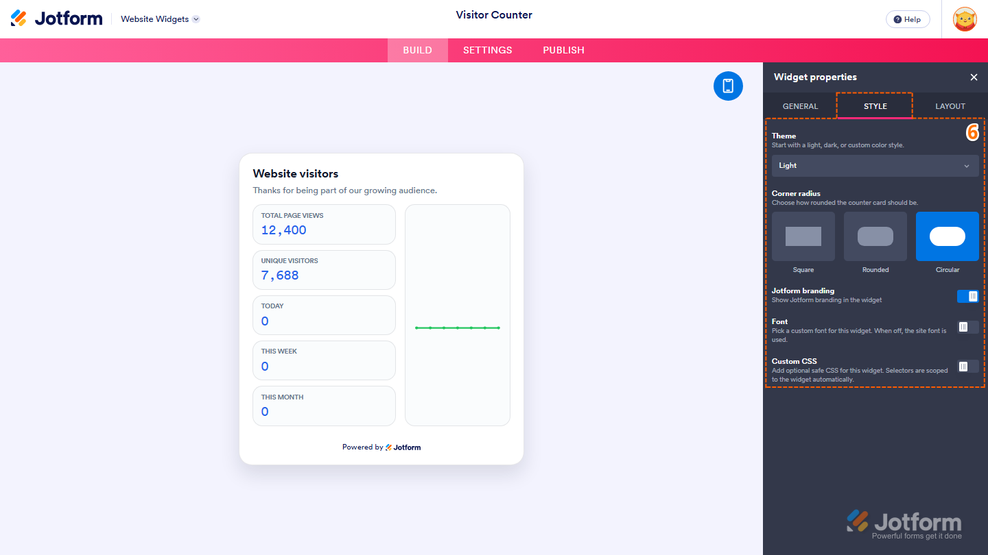 Jotform Website Widget Builder displaying the Widget Properties panel under the Style tab with Theme, Corner Radius, Jotform Branding, Font, and Custom CSS settings for customizing the Visitor Counter widget