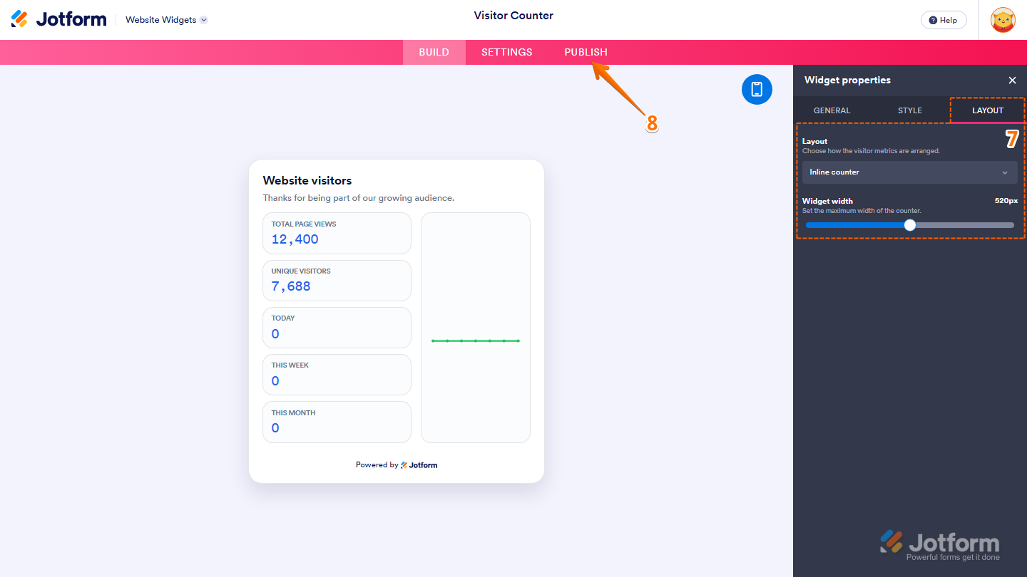 Jotform Website Widget Builder displaying the Widget Properties panel under the Layout tab with Layout and Widget Width settings for the Visitor Counter widget, and the Publish button visible in the pink navigation bar at the top of the page