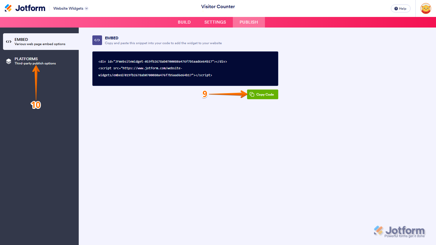 Jotform Embed page displaying the Copy Code button for copying the published Visitor Counter widget embed code and the Platforms option in the left-side menu for viewing platform-specific embedding instructions