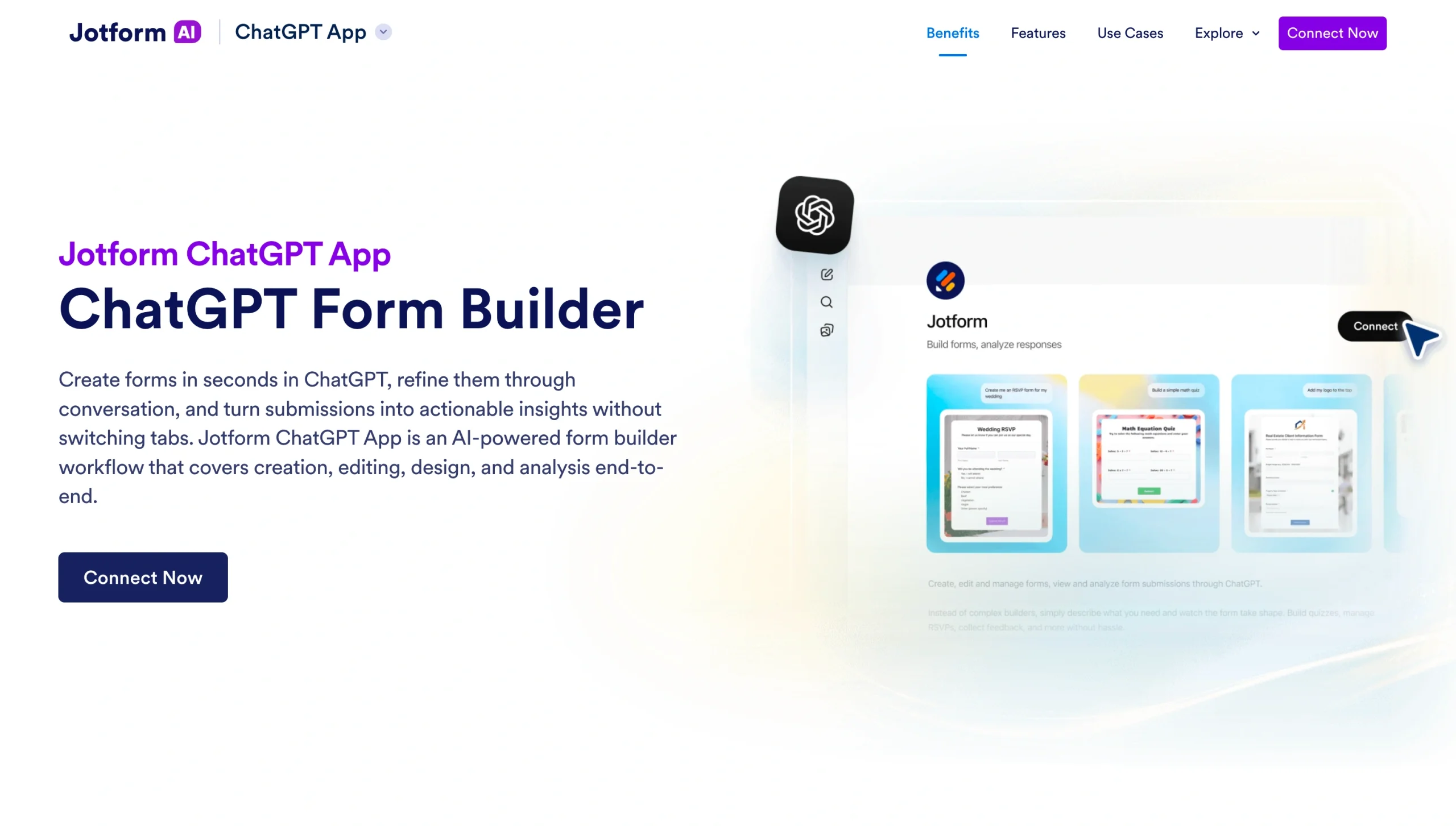 Jotform ChatGPT App landing page featuring the ChatGPT Form Builder, with options to create, refine, and manage forms directly inside ChatGPT