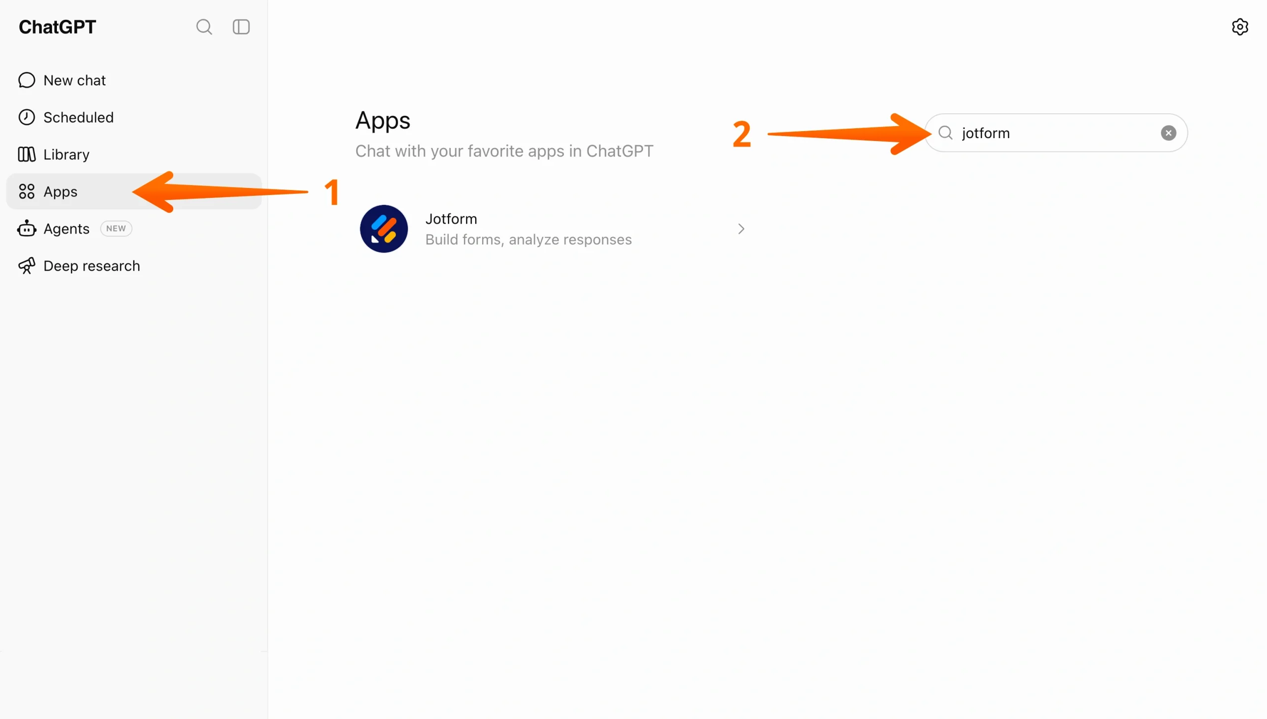 ChatGPT Apps sidebar with a search for Jotform