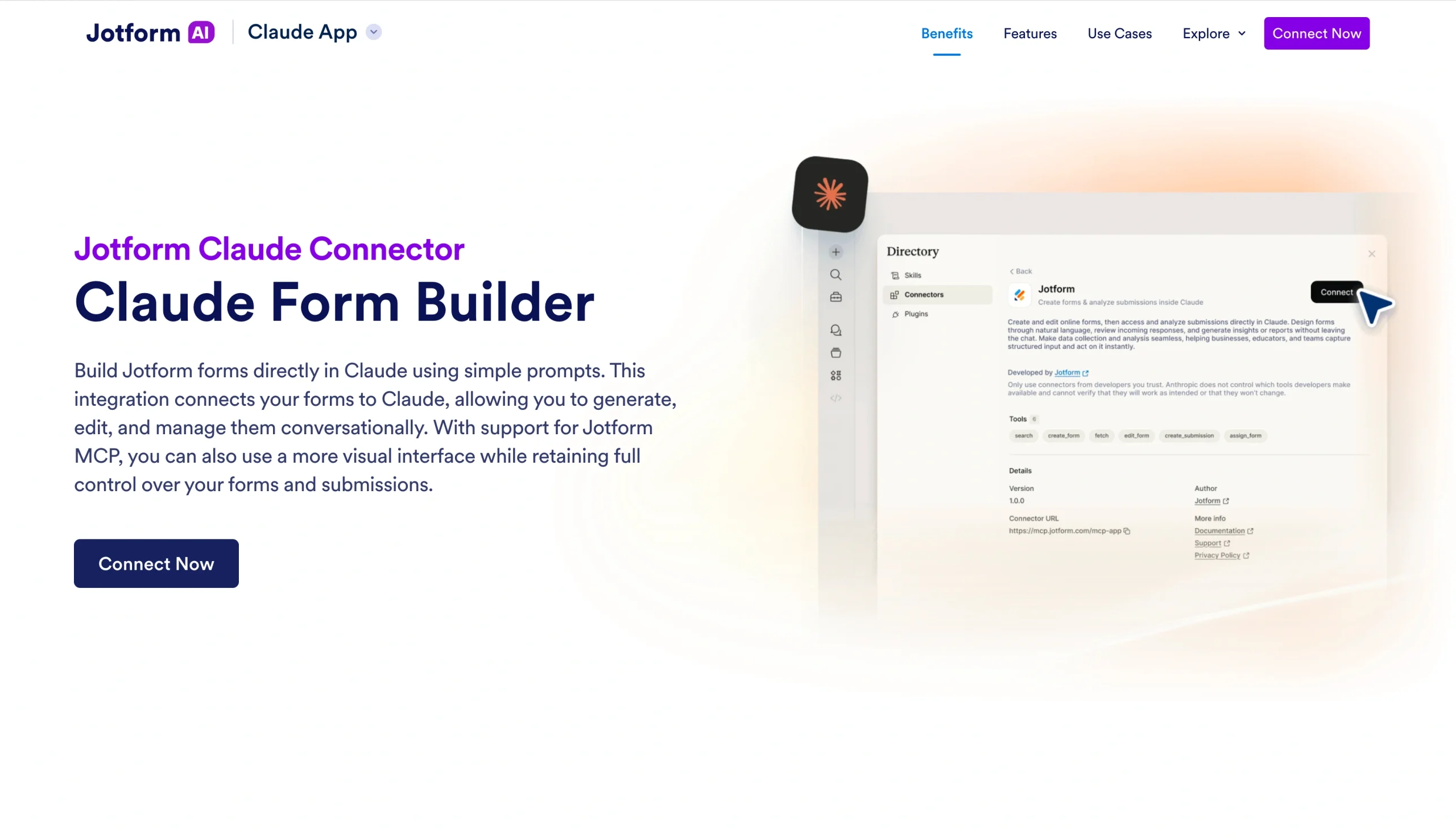 Jotform Claude App landing page with the Claude Form Builder hero section and Connect Now button