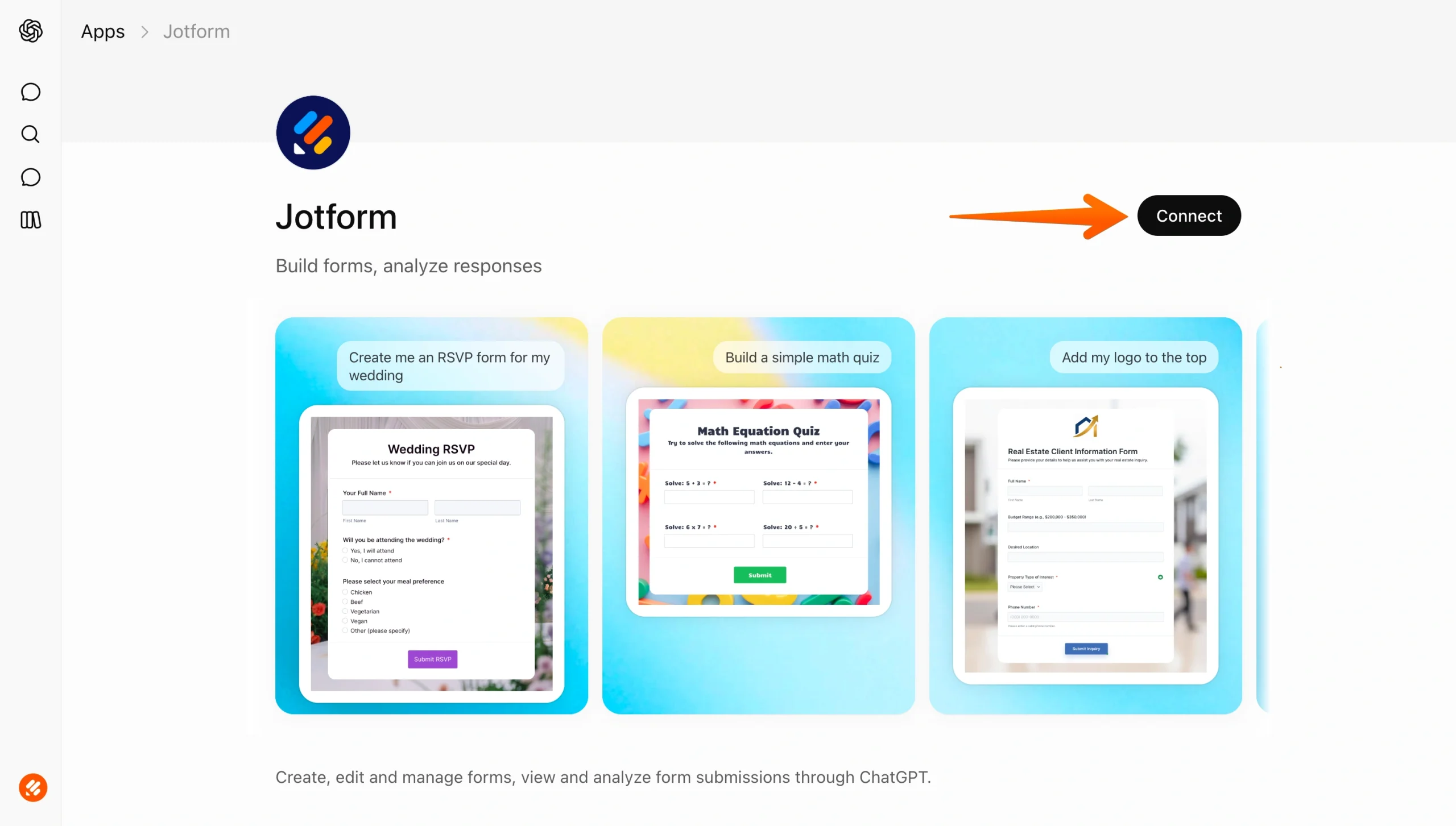 Jotform app page in ChatGPT with the Connect button highlighted