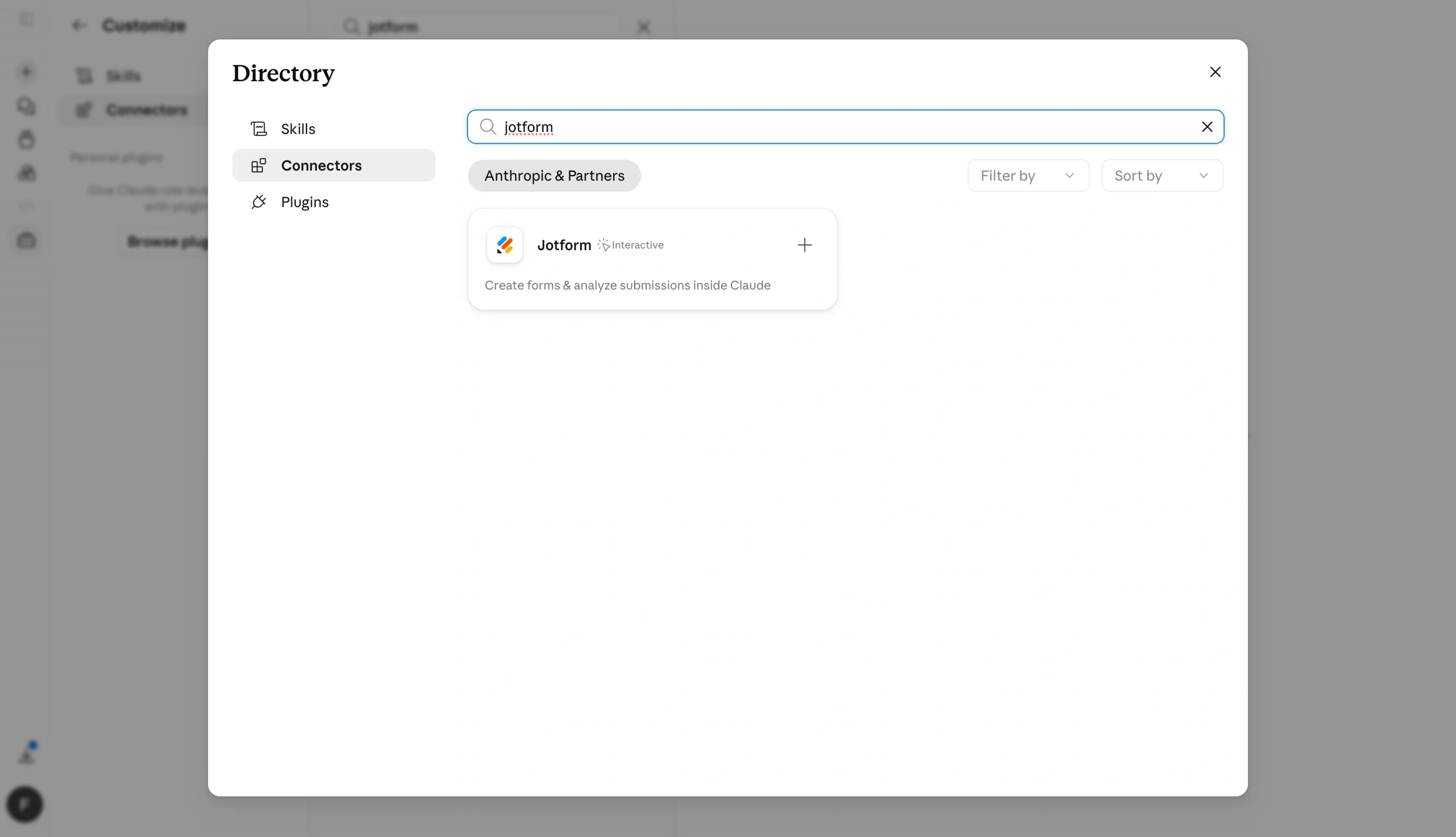 Claude Directory modal showing available connectors, including Jotform