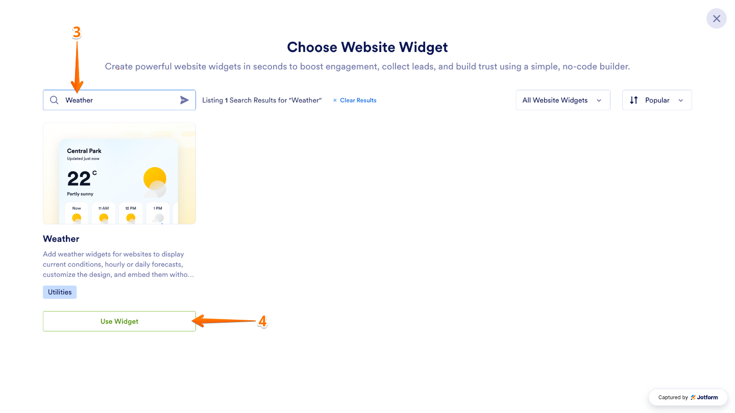 Choose Website Widget page showing the Search bar with “Weather” entered and the Use Widget button at the bottom of the search results to select the Weather widget
