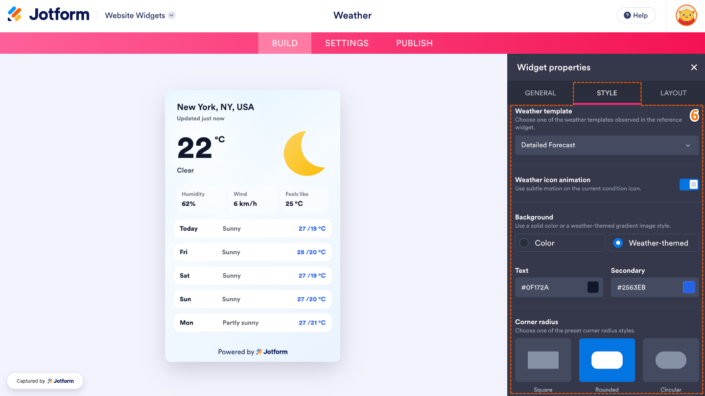 Weather widget Styles tab showing options to customize the Weather Template, enable or disable Weather Icon Animation, set the Background, Text, and Secondary colors, and adjust the Corner Radius to change the widget’s appearance