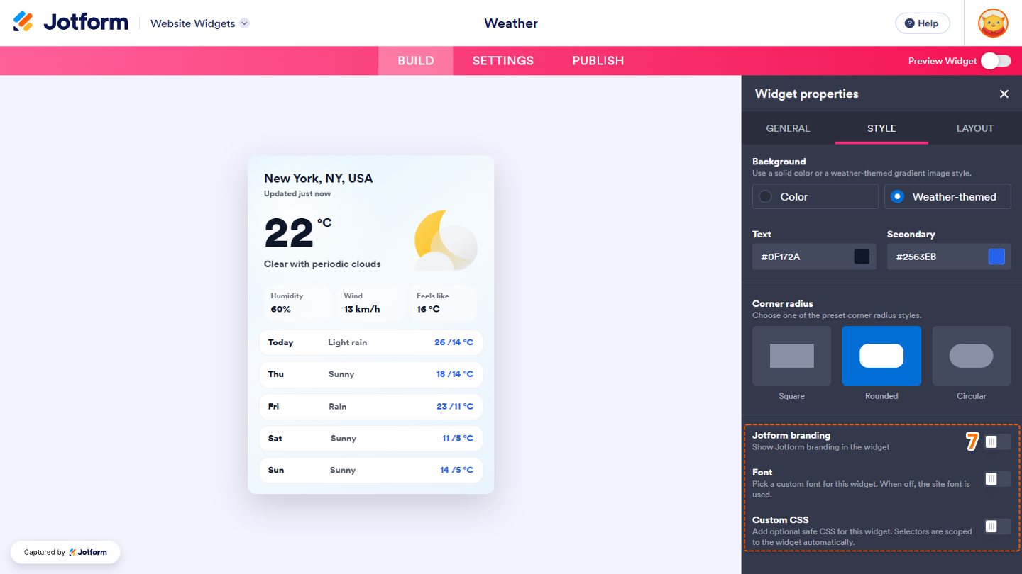 Weather widget Styles tab showing the Jotform Branding, Font, and Custom CSS options for displaying or hiding Jotform branding, matching the widget’s font to the website, and applying custom CSS styling