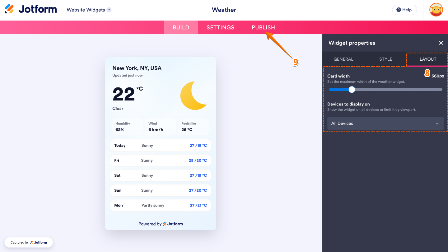 Weather widget Layout tab showing the Card Width slider for adjusting the widget’s width and the Devices to Display On options for choosing desktop, mobile, or both, with the Publish button in the pink navigation bar at the top of the page