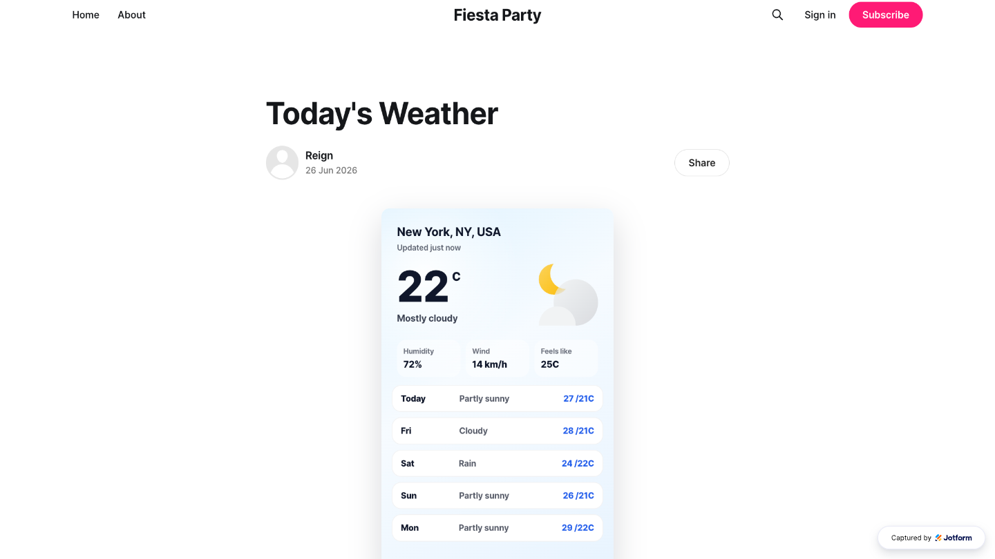 Weather Widget displayed on a website, showing the selected location’s current weather conditions and forecast in the configured design