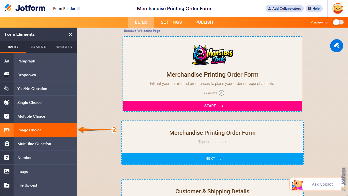 Image Choice element under the Basic tab of the Form Elements menu in Jotform Form Builder