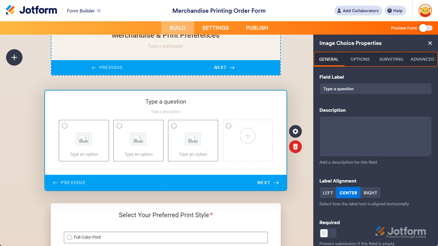 Image Choice Properties tabs in Jotform Form Builder