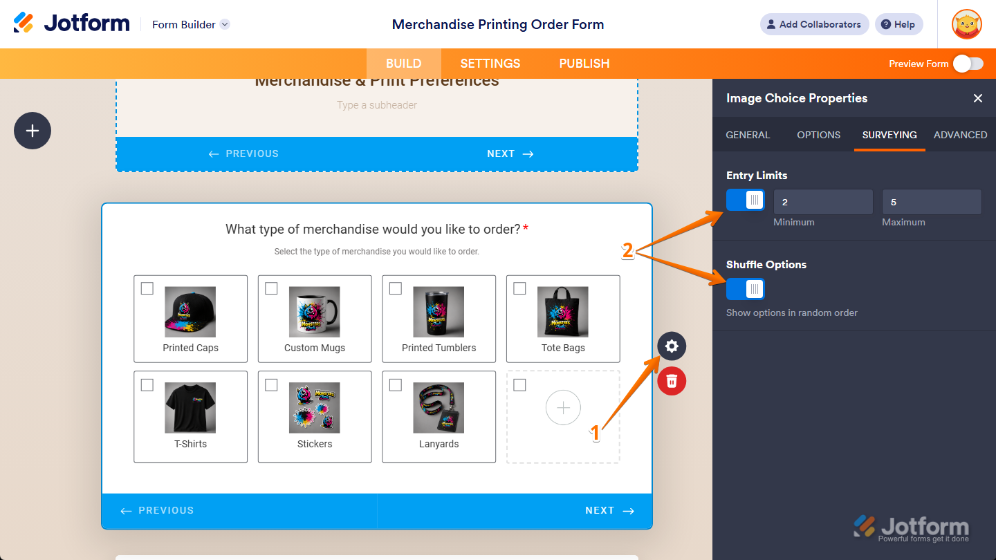 Entry Limits and Shuffle Options properties under the Surveying tab of the Image Choice Properties menu in Jotform Form Builder