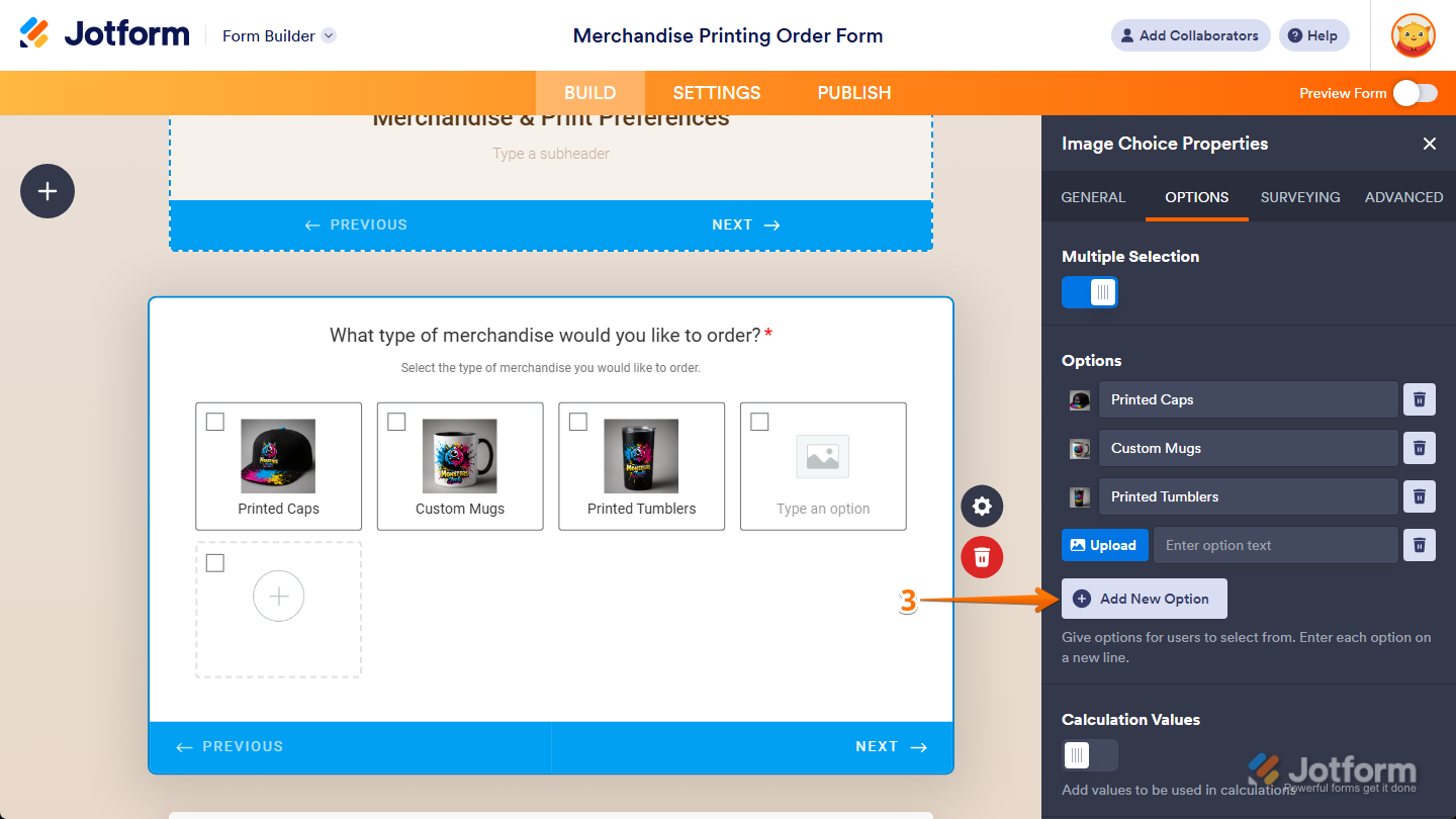 Add New Option button in the Options tab in the Image Choice Properties menu in Jotform Form Builder